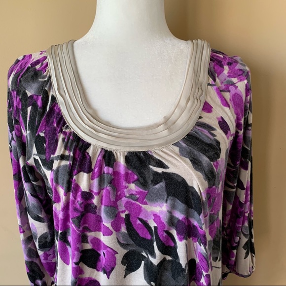 Elle Small Purple Gray Tan Flower Shirt Top - Picture 2 of 3